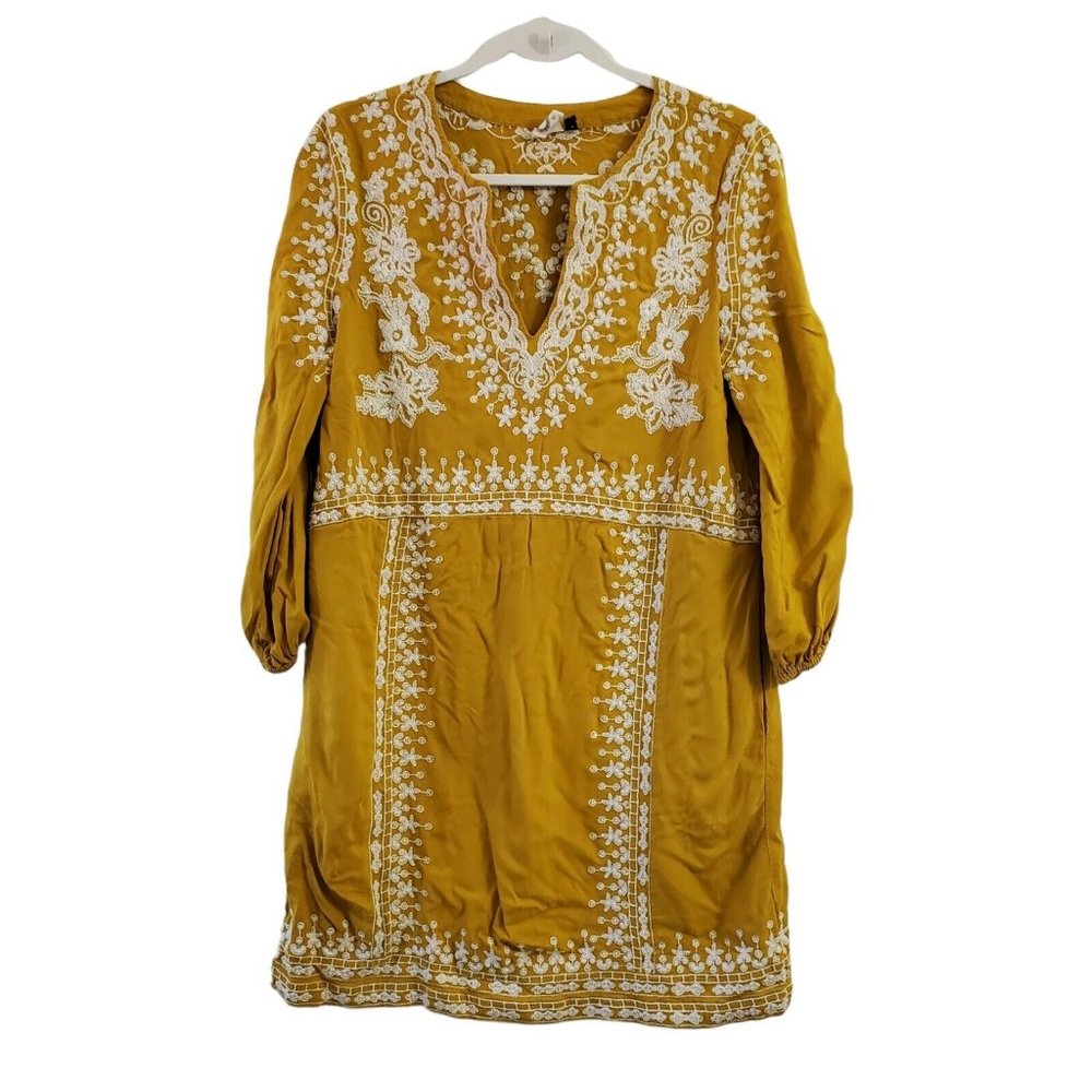 Akemi + Kin Anthropologie Shiloh Tunic Dress 8 Yellow Floral Embroidered Boho